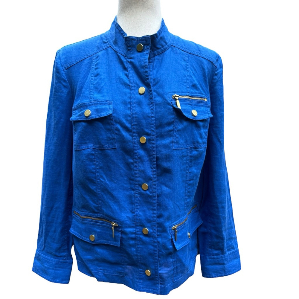 Chico’s 100% Linen Blue Utility Jacket Size 1 (M) Gold Zip Pocket Detail Classic